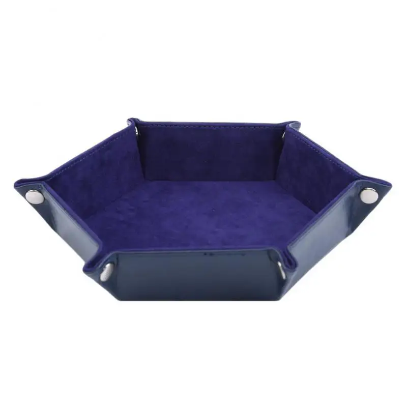 롤링 접이식 육각형 주사위 게임 보관 트레이, PU 가죽 및 벨벳 매트 거치대, 양면 두꺼운 사무용품 보관