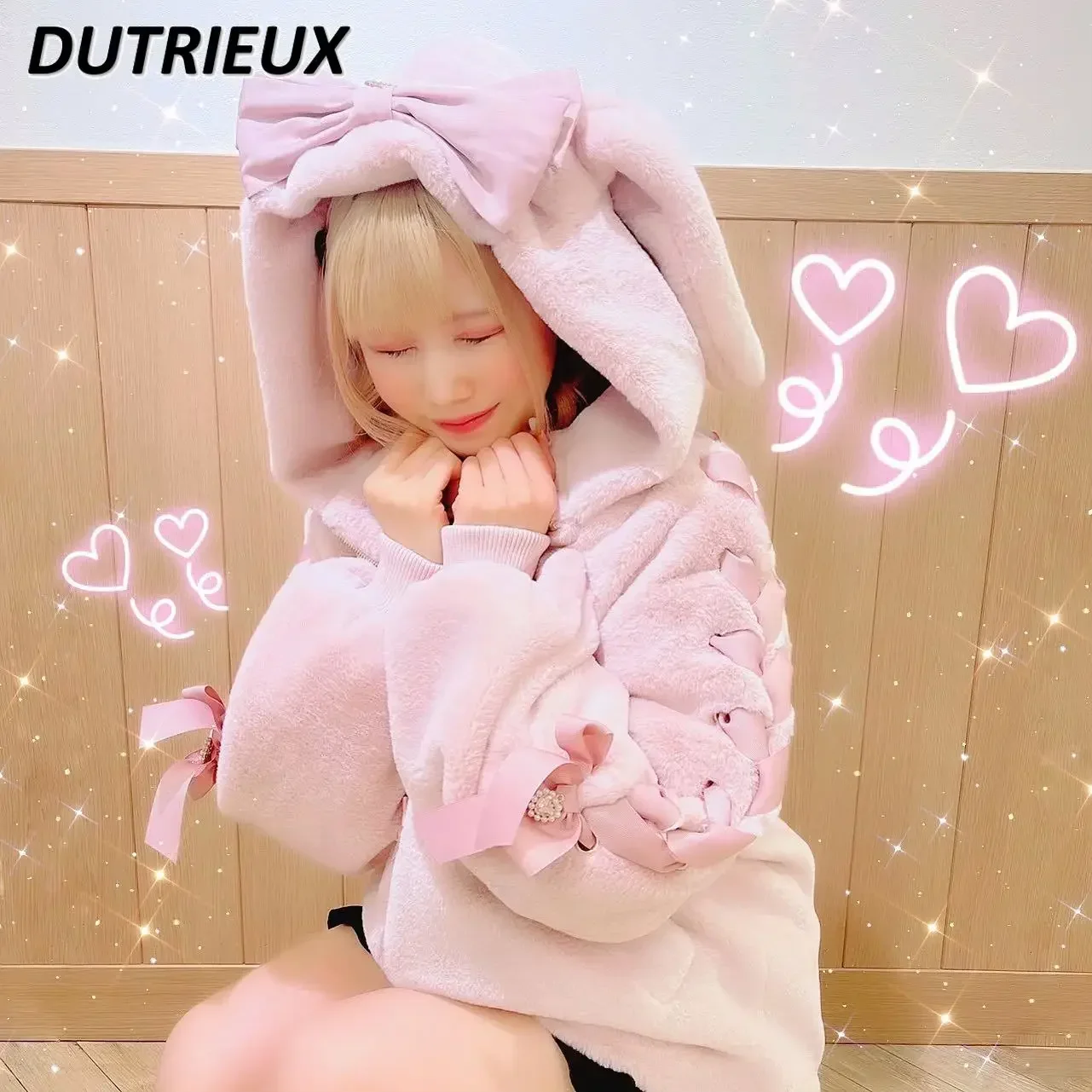 High Quality Japanese Winter Clothes Sweet Cute Mine Cute Rabbit Ear Plush Cotton Coat Jacket Girl Lolita Coats for Women Parkas