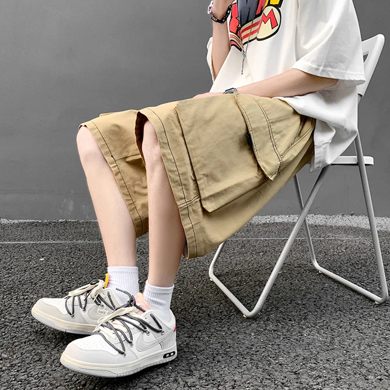 Japanese Moto Biker Cargo Shorts Ins High Street Hip Hop Loose Fit Shorts Knee Length Big Pockets Khaki Harajuku Oversize Shorts