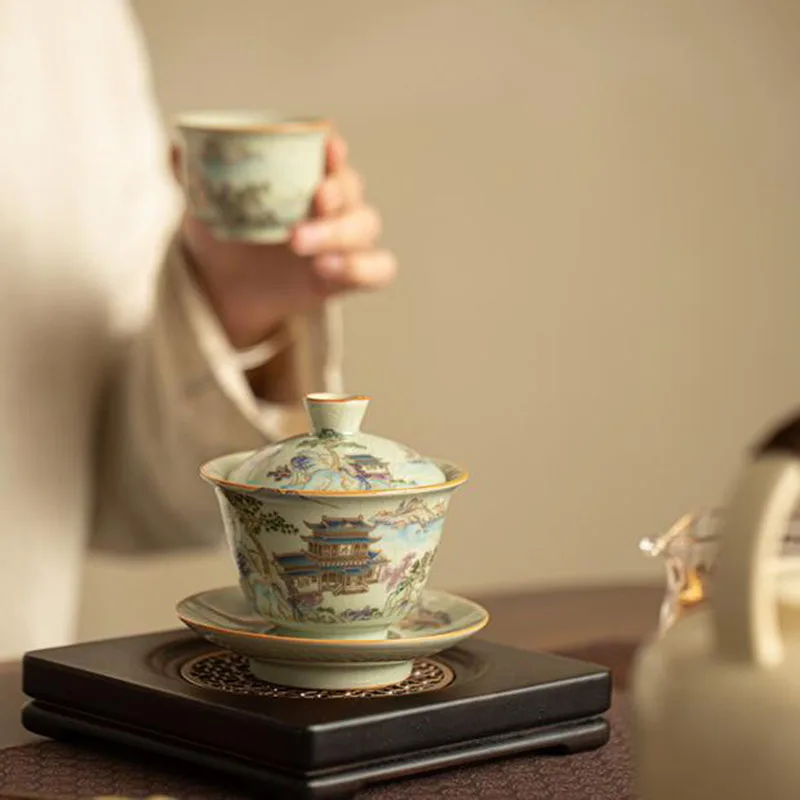 Chinese Style Ruyao Sancai Gaiwan Kungfu Tea Cup Tea Tureen Infuser Bowl Ceramic Crafts Kitchen Teaware