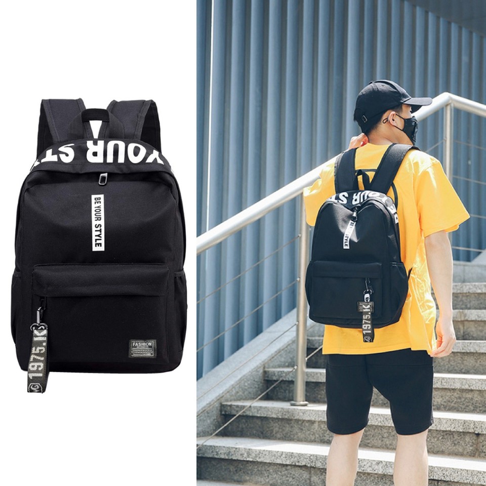 Large Capacity Nylon Waterproof Backpack Solid Color Zipper Letter Lanyard Backpack Men'S Casual All-Match Schoolbag