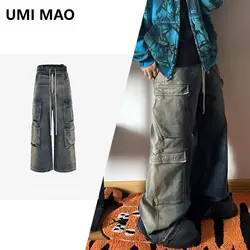 UMI MAO RO Style Men's Women's Clothing Urban Unisex Pants Washed Wide Leg Multi Pocket Gradient Jeans Fashion Mens