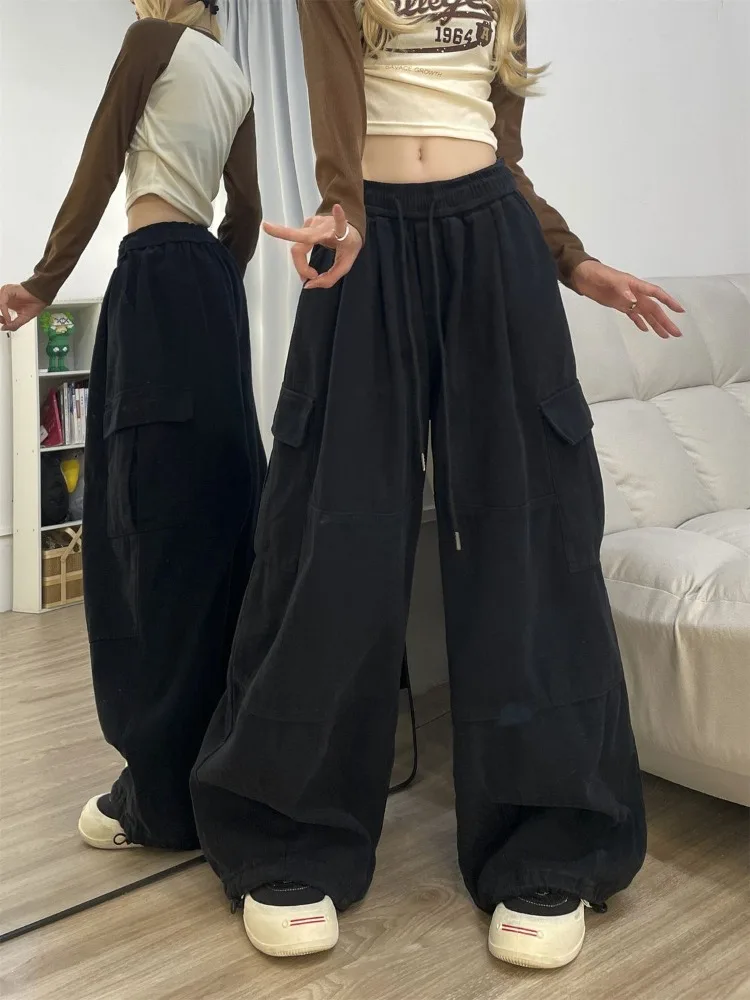 HOUZHOU Vintage Baggy Cargo Pants Women Y2k Sweatpants Drawstring High Waist Pocket Patchwork Wide Leg Pants Oversize Trousers ultra thin ice silk jeans summer belt bloomers loose and thin elasticity high waisted trousers lace up pant women oversize 4xl