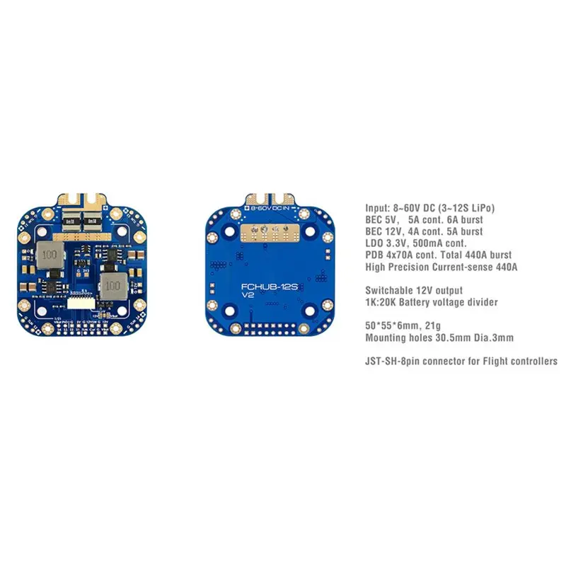 Détail des composants du FCHUB-12S V2 PDB 4x70A pour Drone FPV - Lot de 3, régulateurs intégrés.
