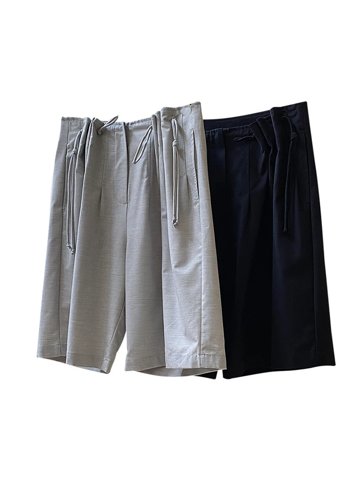 [LANMREM] Fashion Drawstring Design Wool Shorts For Women Solid High Waist Office Lady Female Clothing 2024 Summer New 26D8751