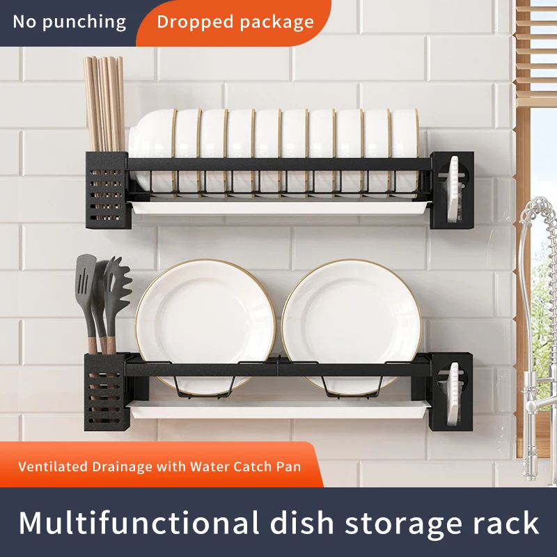 

Kitchen Organizer Storage Shelf Dish Rack Wall-mounted Multifunction Drain Chopsticks Spoon Tableware Dish Holder Accessories