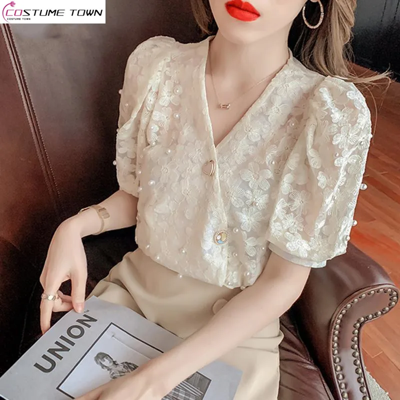 Spring and Summer V-neck Short Sleeved Chiffon Shirts for Women's New Fashionable and Age Reducing Lace Shirt Trend