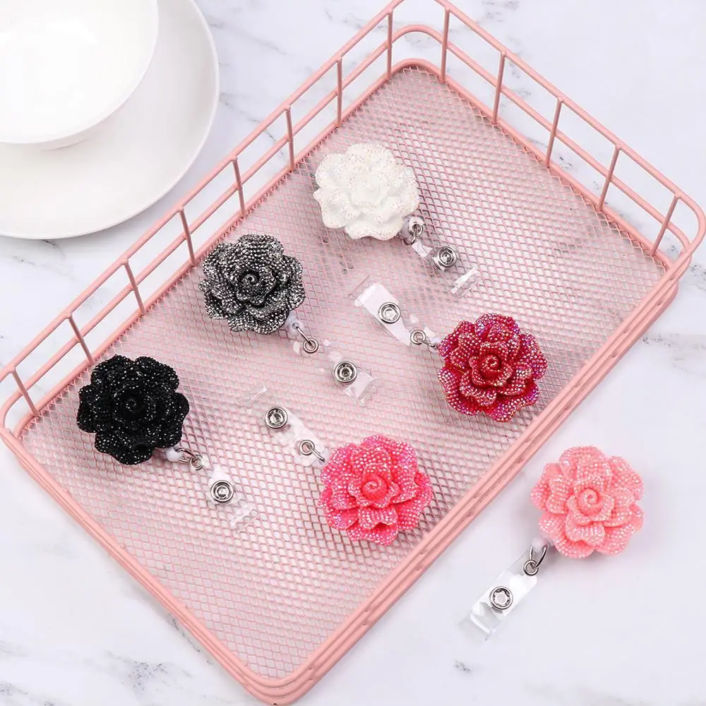 Elegant Floral Rose Badge Reel: Retractable ID Holder & Keychain Lanyard