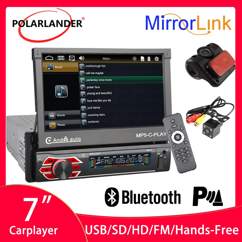 

Car Radio 1 Din 7" Electric Telescopic Touch Screen Bluetooth 4.2 Carplay Two-way Interconnection Super Clear Reversing Image