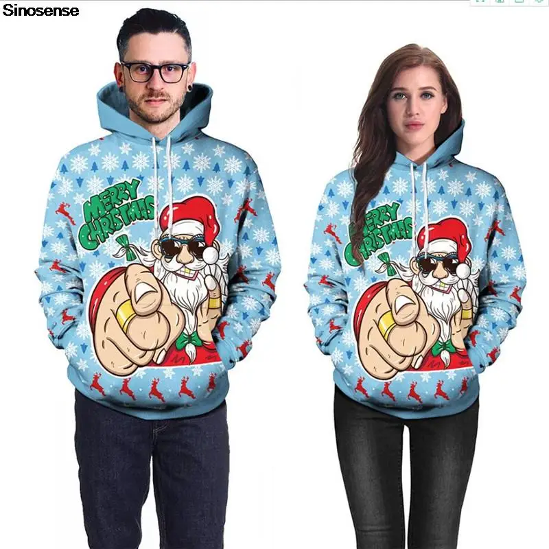 

Men Women Santa Ugly Christmas Sweater 3D Snowflakes Reindeer Printed Autumn Winter Holiday Party Tacky Xmas Hoodie Sweatshirt