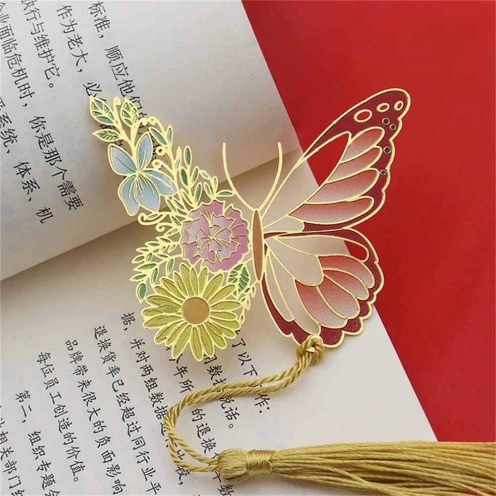Metal Butterfly Flower Bookmarks Exquisitely Hollow Tassel Pendant Book Clip