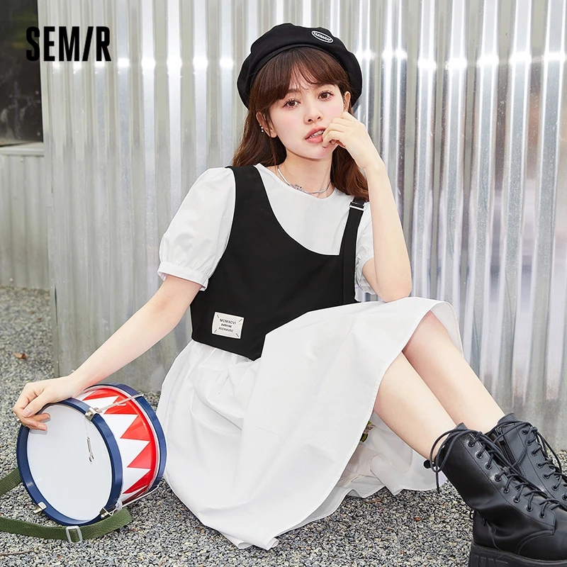 

SEMIR Dress Women Asymmetric Short Vest Puff Sleeve Dresses 2022 Summer New Literary Two-Piece Trend