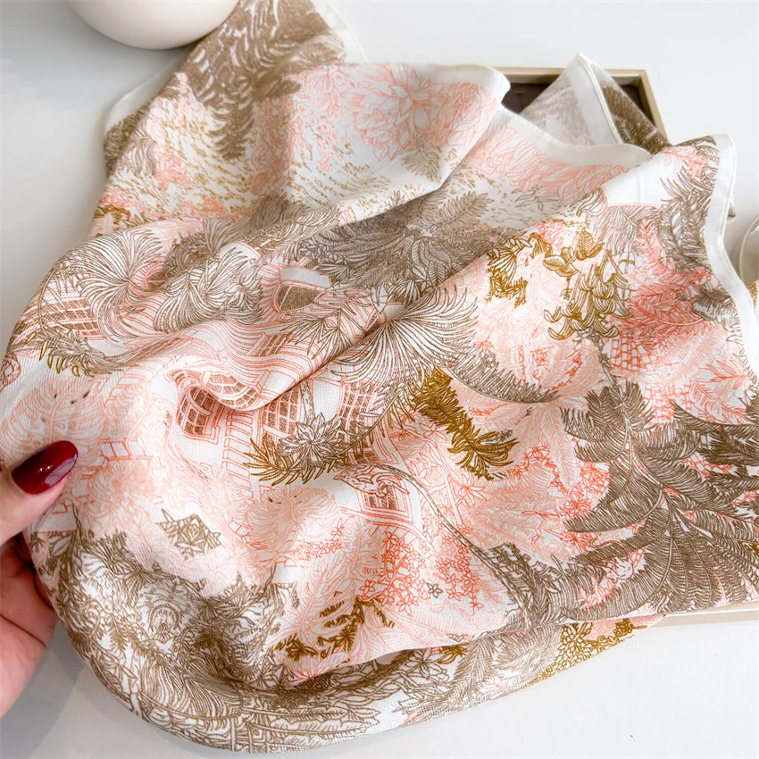 68*68 cm Malerei Floral Schal Baumwolle Viskose Quadrat Schals Dünne Sommer Sonnencreme Bandanas Outdoor Handtasche Dekoration Stirnband – Detail 3