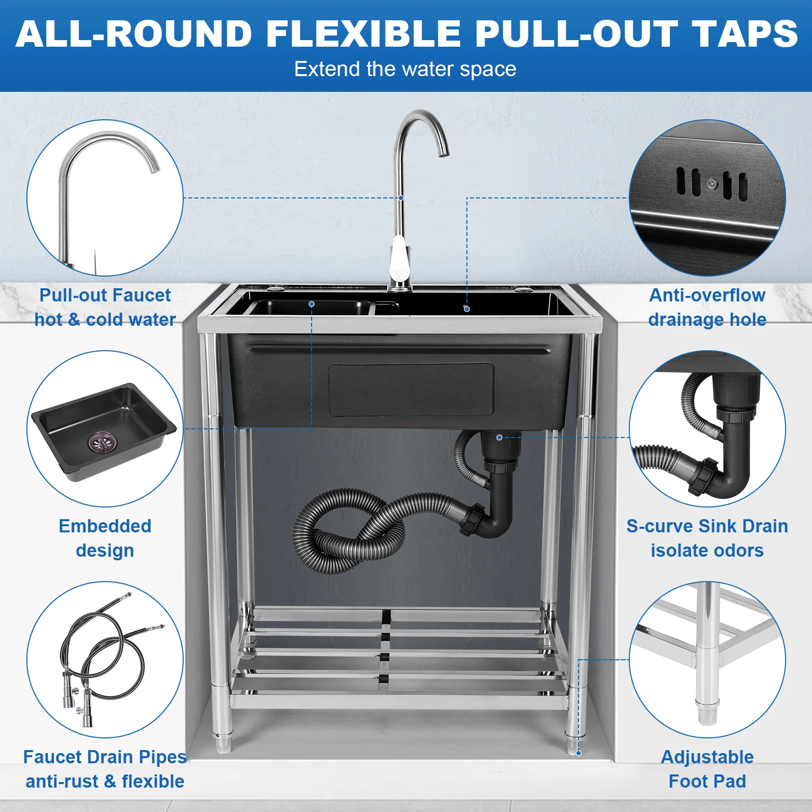 Single Bowl Sink Set Adjustable Stand Freestanding Utility Sink Rust Proof for Kitchen Bathrooms Laundry Room