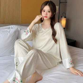 Women's New Chinese Style Ice Silk Pajama Set Spring Autumn Satin Loungewear with Built-in Chest Pads Elegant Home Sleepwear