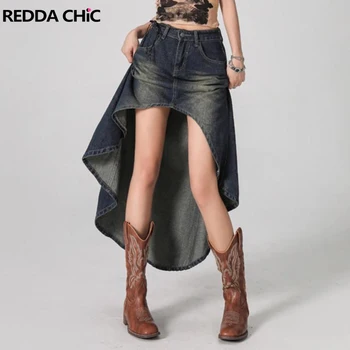 REDDACHIC 여성용 하이 로우 데님 스커트, 불규칙한 프릴 헴라인 롱 스커트, 블루 브러쉬 진 하의, 빈티지 의류, Y2k 하이라이즈