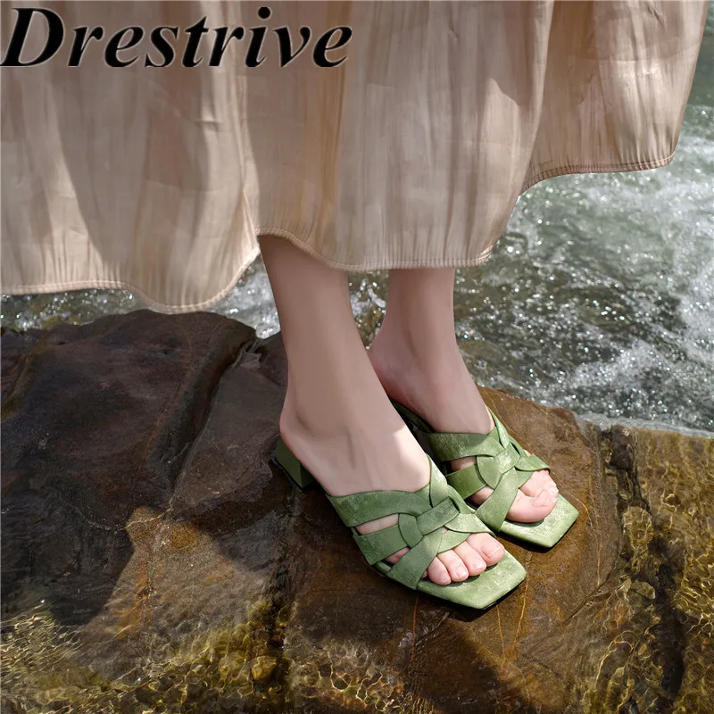 

Drestrive 2024 Luxury Women's Slippers Square Toe Cow Split Leather Thick Mid Heels Summer Shoes Top Quality Handmade
