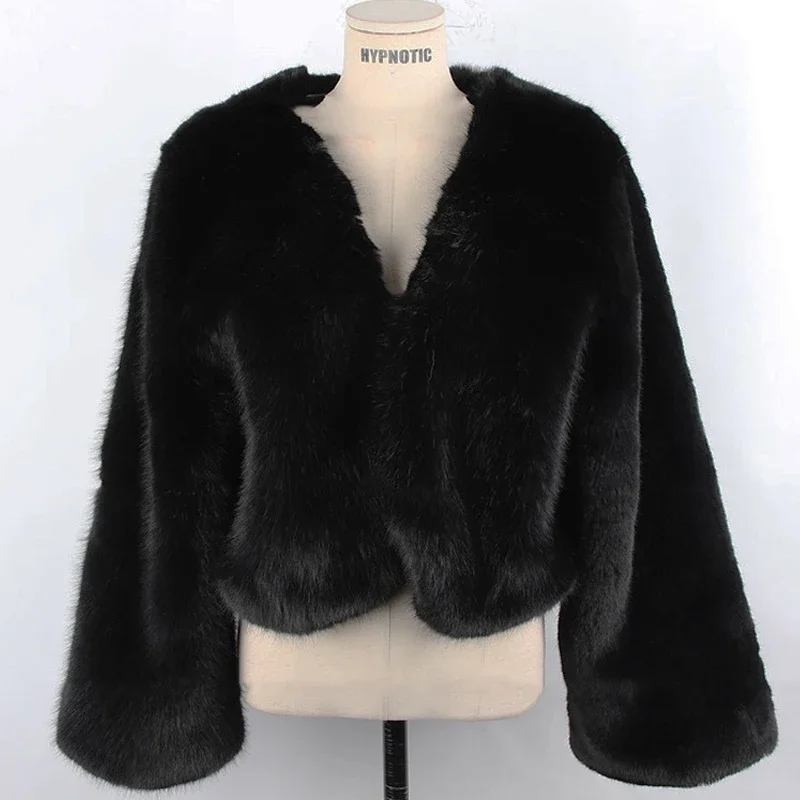 FANIECES 7 Colors Solid Faux Rabbit Fur Coat Women V Neck Warm Plush Fur Jacket Winter Korean Casual Overcoat manteau femme hive