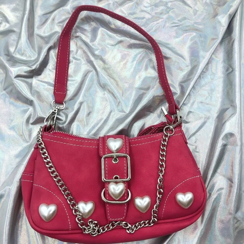 Y2K Vintage Korean Small Chain Shoulder Bag Heart Shaped Purse Handbags  Pink PU Leather Gothic Tote Bags Ladies Crossbody Bags