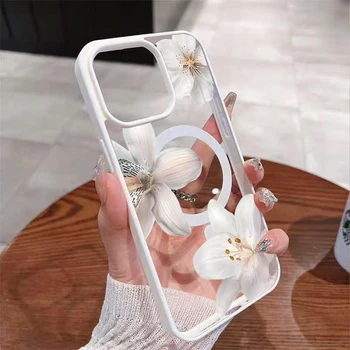 White Lily For Magsafe Wireless Charging Clear Phone Case For iPhone 17 Pro Max 16 Plus 15 14 13 12 11 16E 17E 17 Magnetic Cover 1