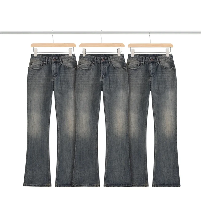 

High Street Bamboo Ribbed Jeans Men Women Best Quality Washed Oversize Denim Trouser Military