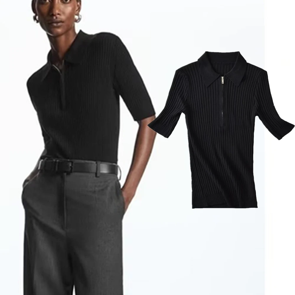 

Elmsk Fashion Ladies Polo Collar Zipper Knit Top Slim Fit Casual Summer Short Sleeve T-Shirt Women