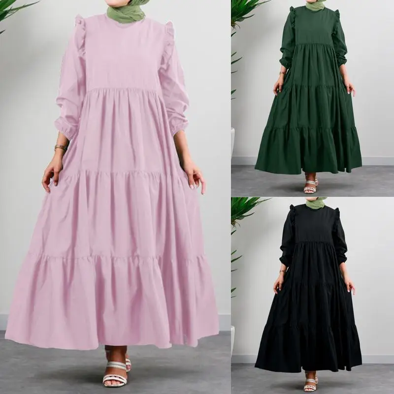 

2023 Muslim Abayat Dress Retro Round Neck Long Sleeve Abayas for Women Spring and Autumn Leisure Women's Dress