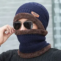 Cozy Winter Fleece Knit Hat with Plush Scarf and Neck Warmer for Outdoor Cold Protection (Navy Blue)