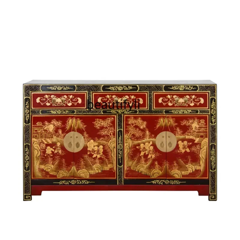 

Chinese Style Solid Wood Side Cabinet Vintage Black Gold-Painted Sideboard Cabinet Entrance Cabinet Classical Elm Shoe Cabinet