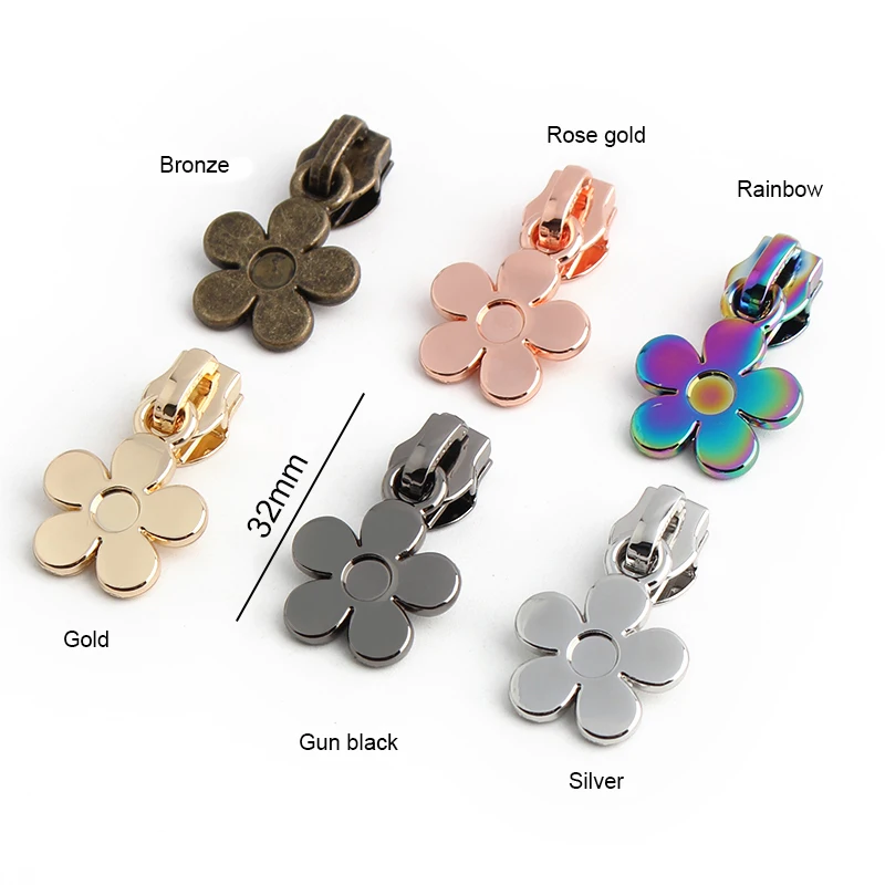 32MM Flower Shape 5# Nylon Metal Zipper Puller Sliders For DIY Bags Handbag Garment Purse Zip Head Repair Kit Decor Accessories