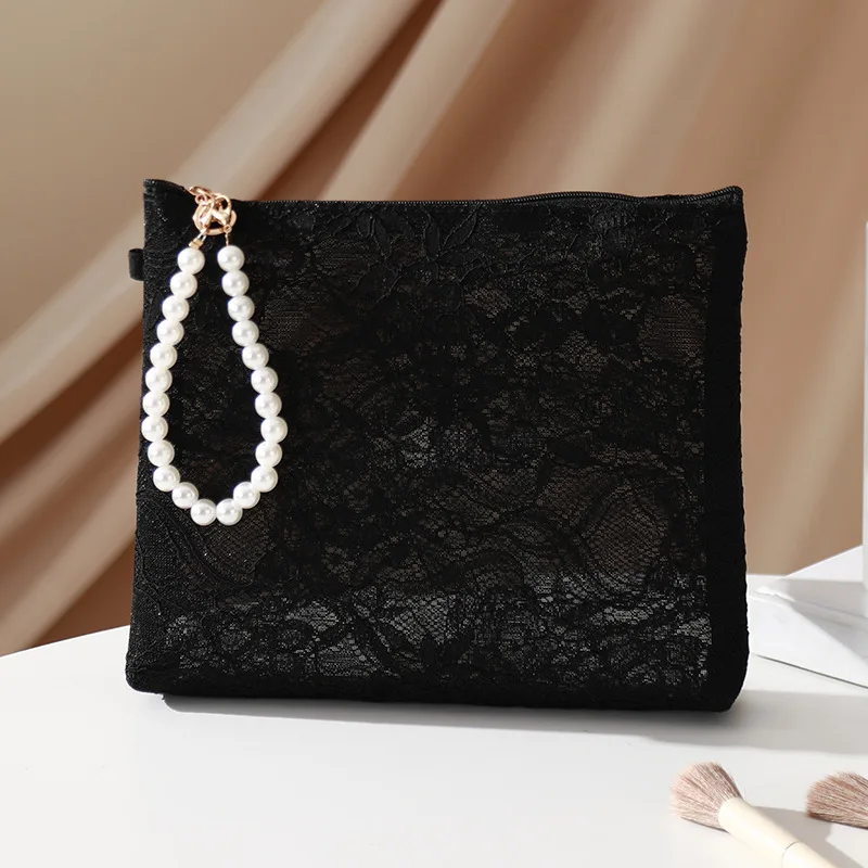 Sweet Cosmetic Pouch with Imitation Pearl Chain Women Lace Small Makeup Bag Travel Organizer Cosmetic Coins Handbag Case