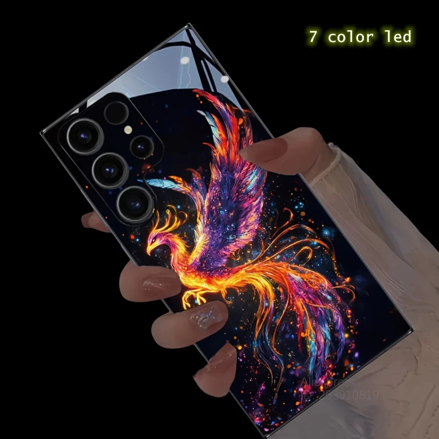 Flame Phoenix LED Glow Glass Back Luminous Phone Case with Eagle Design