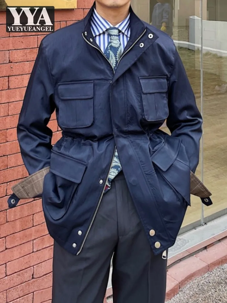 

New Autumn Vintage Cargo Coat Men High Street Zipper Multiple Pockets Windbreaker Jacket British Style Fashion Casual Outerwear