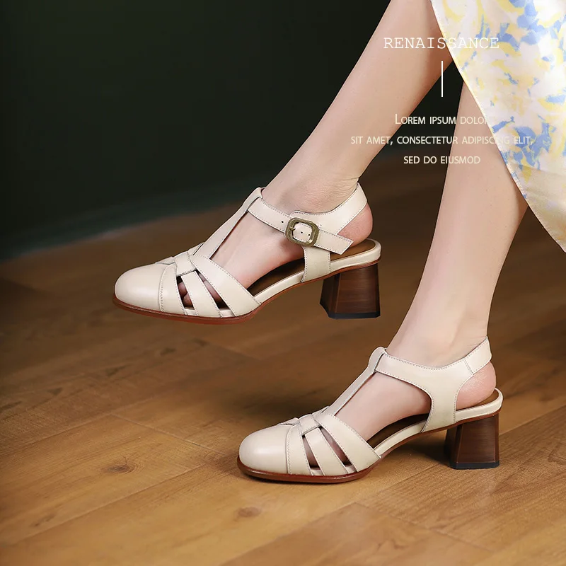 

Summer Gladiator Sandal Roman Style Women Shoes Leather Woman Sandals Close Toe Retro Buckle Strap Vintage Shoes On Med Heel 5CM