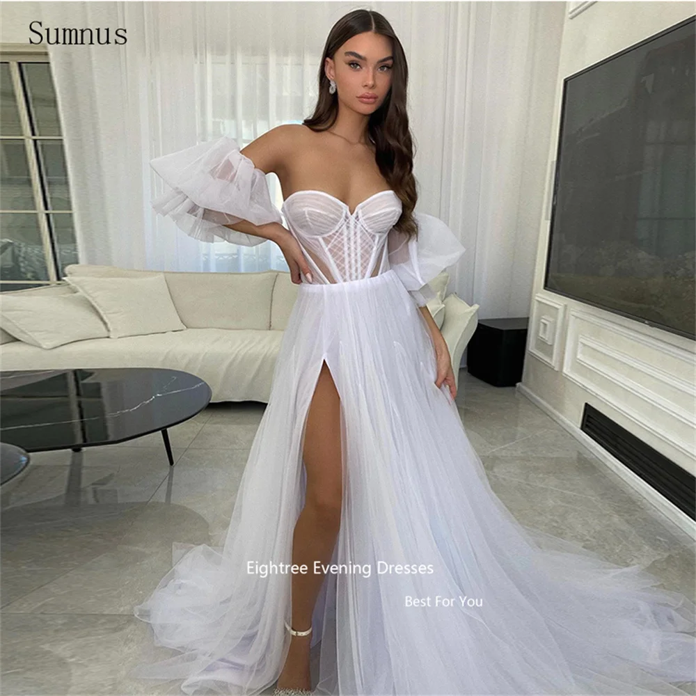 

Sumnus Sexy Wedding Dress Illusion Strapless Tulle Long A Line High Side Slit Pleat Mini Vestidos De Novia Robe De Mariée 2023