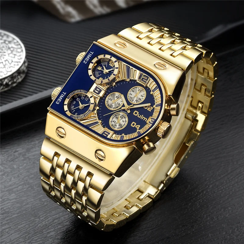 

Oulm Watch Men Gold Sport Watches Big Dial Stainless Steel Men's Watches 3 Time Zone Quartz Wristwatches Relogio Masculino Reloj