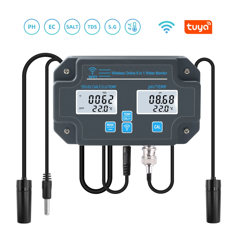 

Wifi APP Online Remote Monitoring Multiparameter Water Quality Tester Wall Mounted 6 in 1 PH EC TDS SALT S.G. Temperature Meter