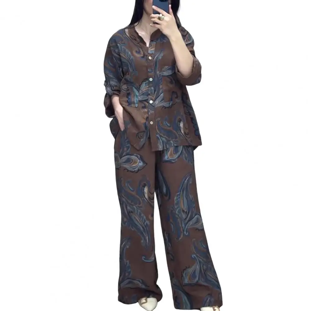 

Женский комплект из двух предметов, рубашка и брюки, стильный женский комплект из рубашки и брюк с отложным воротником и принтом, Топ с длинным рукавом и широкие штанины для повседневного ношения