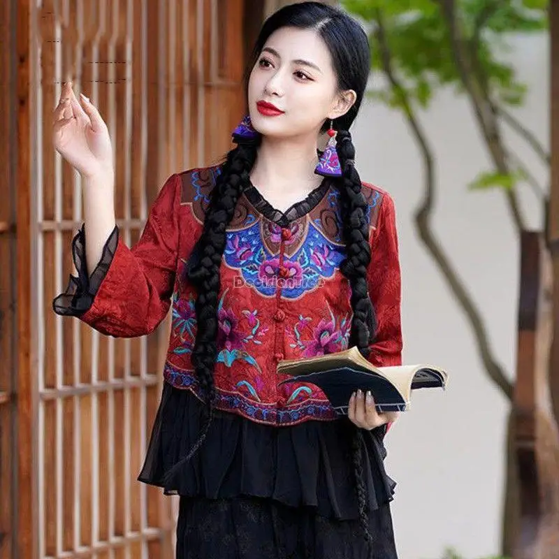 Embroidery Chinese Style Summer Tang Suit Top Retro Ethnic Style Disc Buckle Women Long Sleeve Elegant Daily Blouse s104