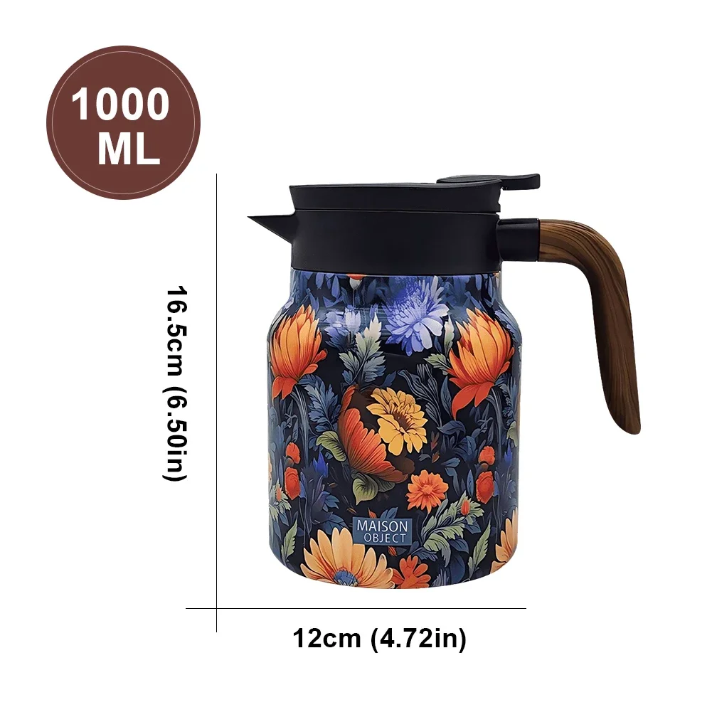 1000ml Floral Tea Kettle Stainless Steel Tea Pots nsulated Tea Pots Tea Infuser Kettle Water Bottle For Hot Drinks For Kitchen