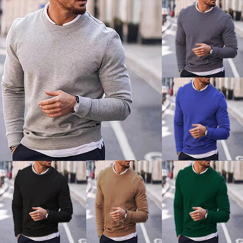

Long sleeved 2022 Autumn/Winter New Men's Pullover Solid casual knit shirt Round neck Waffle plaid knit shirt Men's outerwear