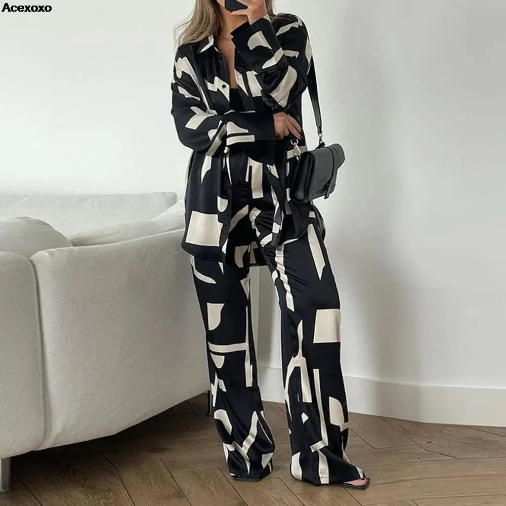 

Autumn new women's fashion casual long sleeve shirt high waist wide leg trouser suit