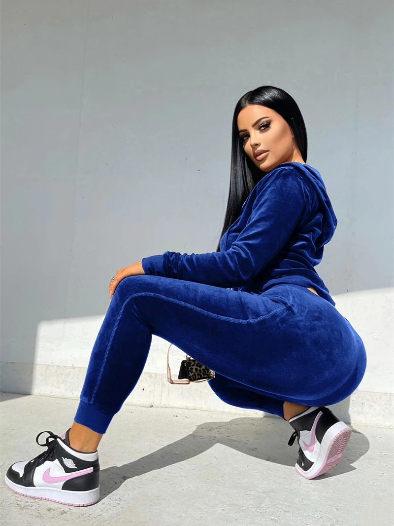 Velvet Two 2 Piece Sets Womens Outfits Autumn Clothes Zip Hooded Top Long Pants Suit Velour Tracksuit Fashion 2 Piece Women Sets women s velvet two piece casual elegant woman sets combi pants suit jackets for women business workwear casual womens set pant