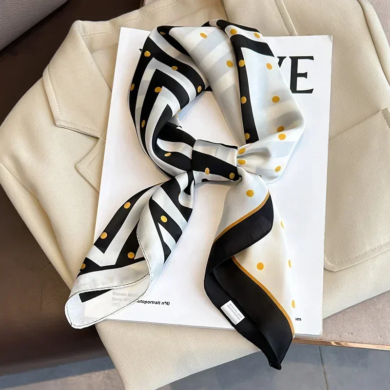Retro Polka Dot Montage Silk Square Scarf Women Soft Satin Hairband Neckerchief Hijab Lady Headband Foulard Bag Ribbons Kerchief 3