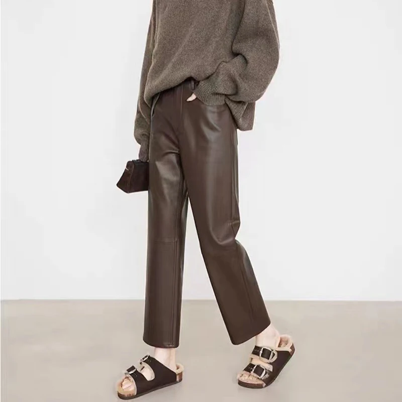 100% Leather Pants Women Autumn Winter Fashion Sheepskin High Waist  Slim French Baguette Pants Casual Straight Cropped Trousers 3