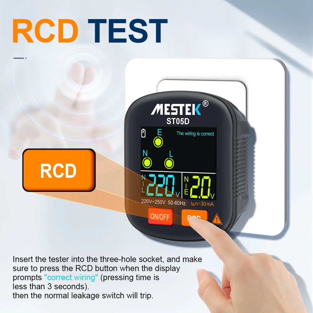 MESTEK Socket Tester US/EU Detector Polarity Phase Pheck Detector Wiring Electroscope Electric Plug Color Screen RCD Safety Test