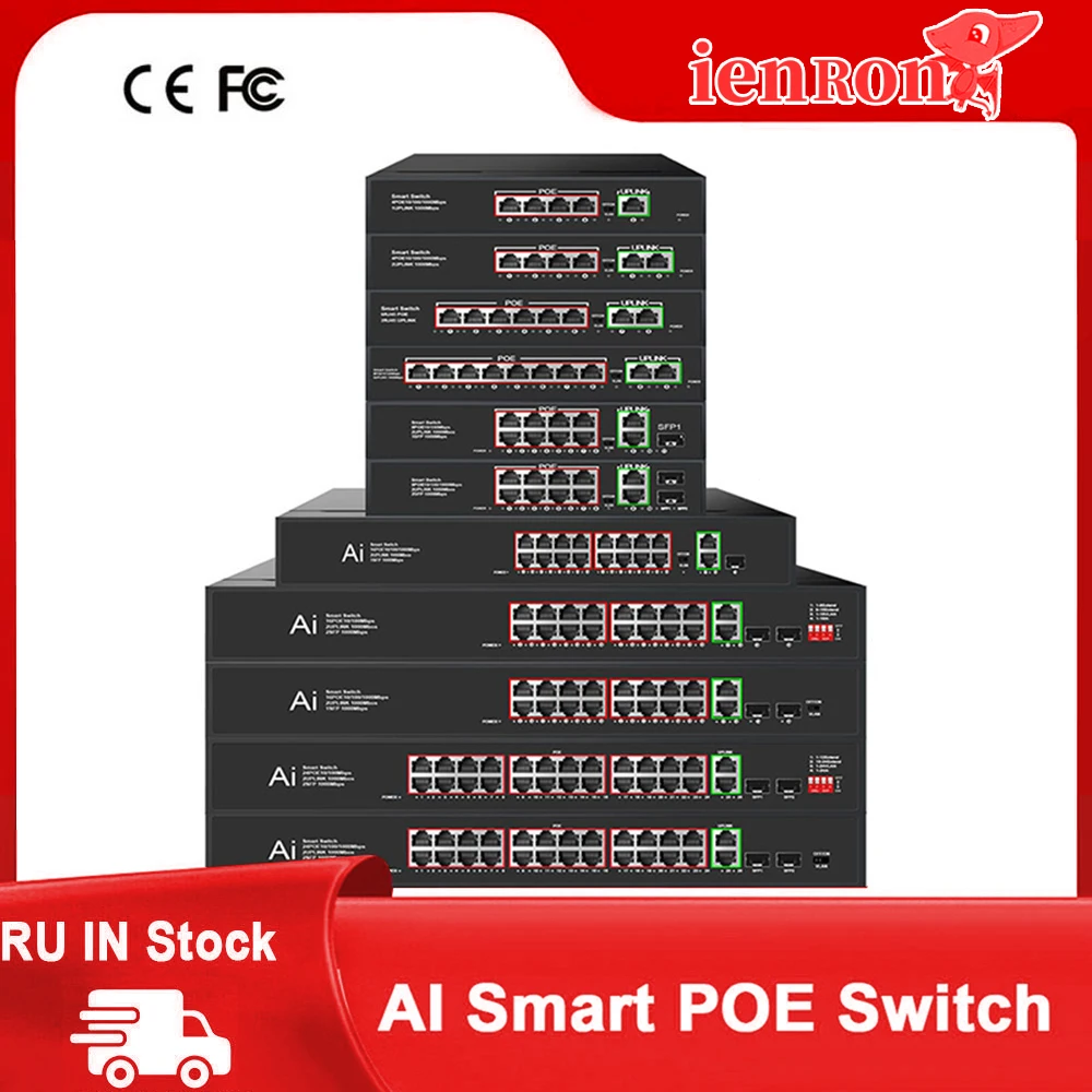 Ienron ai Smart Poe Switch Gigabit ou Rápido 10 16 24 Portas 100mbps 1000mbps Ethernet 52v para Câmera ip Roteador Wifi