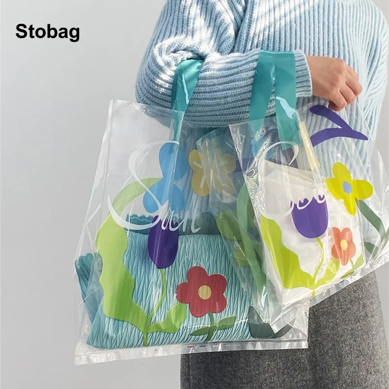 

StoBag 50pcs Transparent Shopping Tote Bag Plastic Flower Girl Clothes Packaging Storage Pouch Portable Custom Logo(Extra Fee)