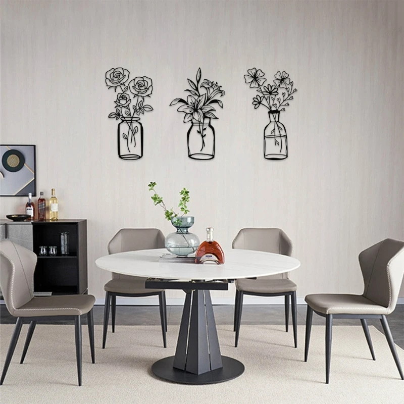 3pcs-Flower-Vase-Metal-Wall-Decor-Black-Iron-Decor-Wall-Sculpture-for-Bedroom.jpg 3Db Virág Váza Fém Fali Dekoráció Fekete Vas Szobor Hálószobához - Image 3