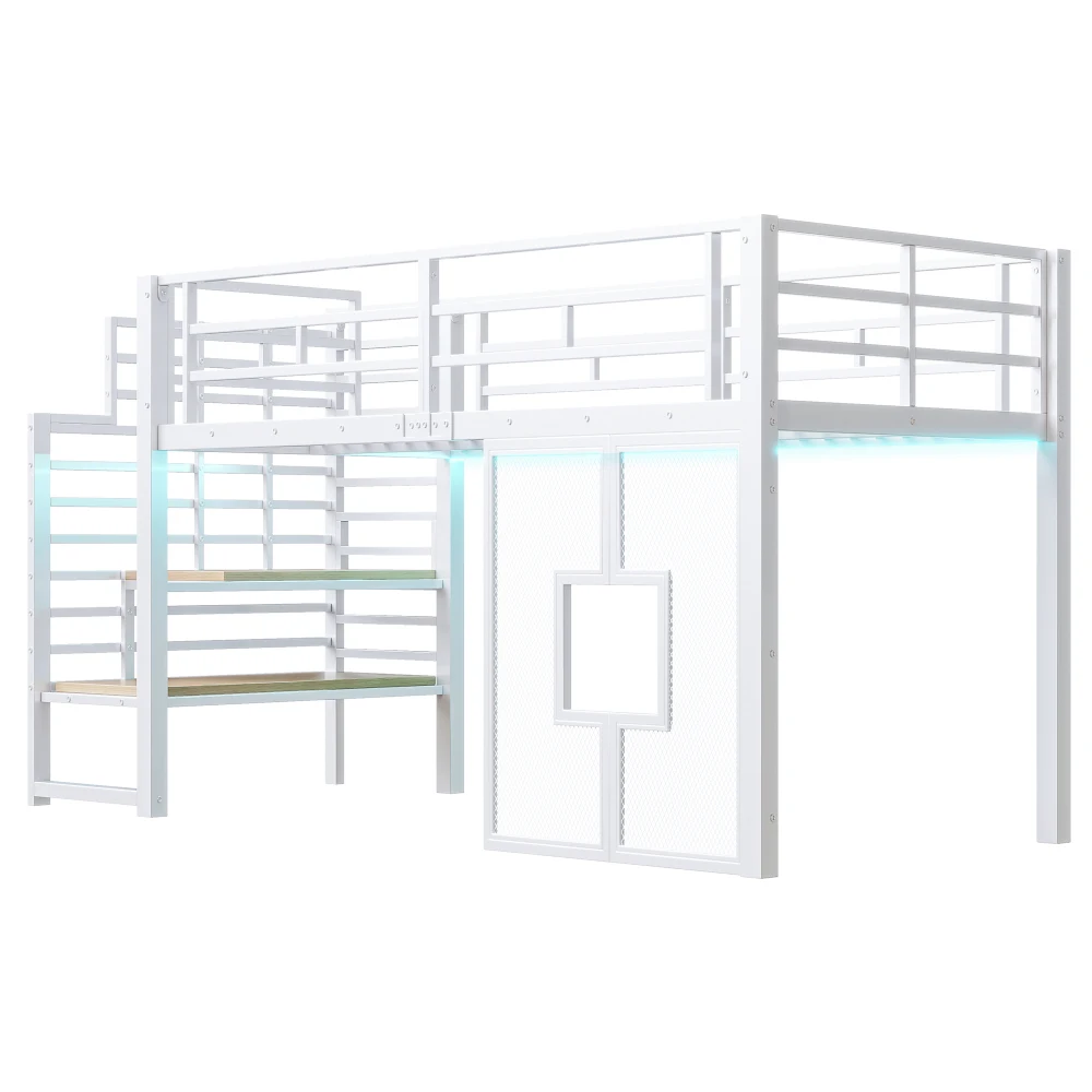 90x200cm Metall-Hochbettgestell mit Treppe, Stauraum, Babybett mit LED-Beleuchtung und Fenstern, Kinder-Etagenbett, Schwarz/Weiß – Detail 30